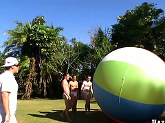 Great team work with four for detail muscular guys and giant ball, enjoy